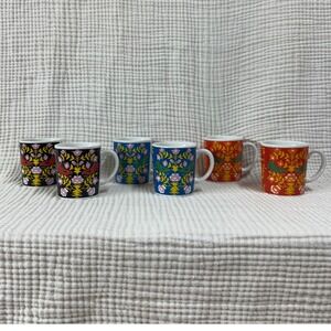 6 Vintage MCM Japan small floral with bird print coffee mug red blue black 3"x3"